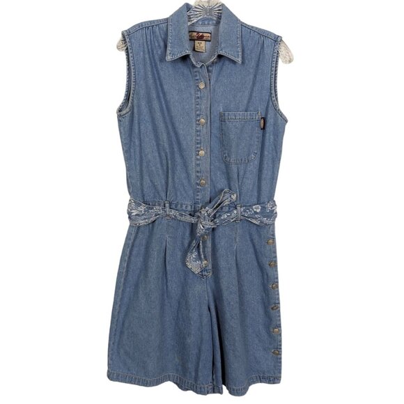 Gloria Vanderbilt Vintage Sleeveless belt elastic waist denim romper‎ jumpsuit S - Picture 2 of 15